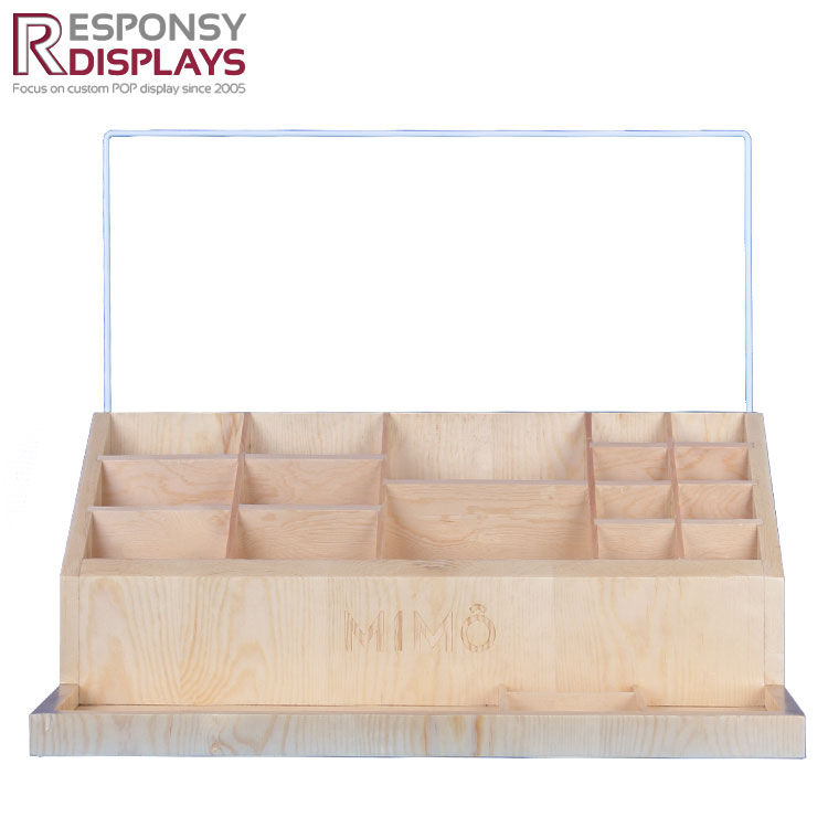 Shopping Mall Counter Natural Wood Glass Bottle Display Stand