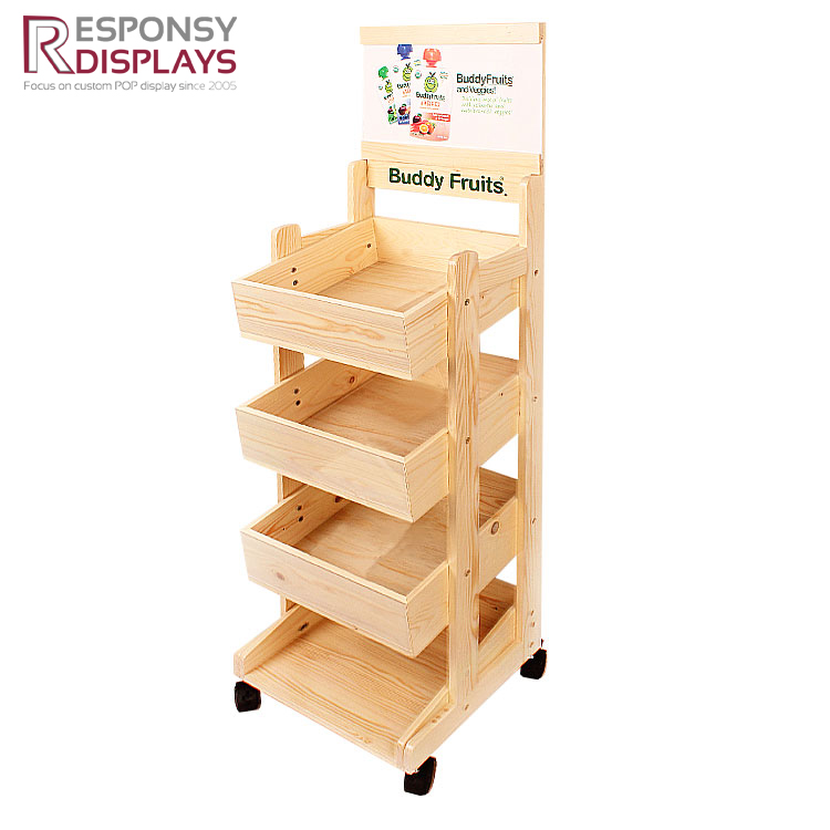 Wooden Three Tiers Mobile Portable Buddy Fruits Floor Display Shelves