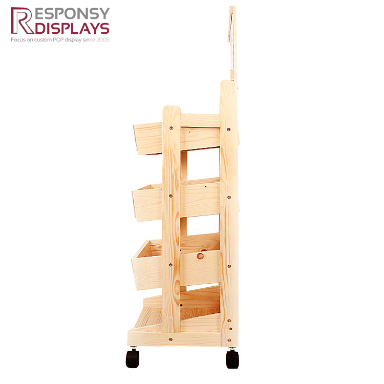 Wooden Three Tiers Mobile Portable Buddy Fruits Floor Display Shelves